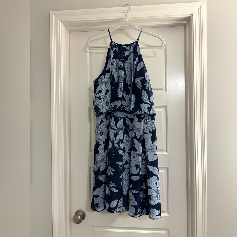 Navy Blue Floral Halter Dress